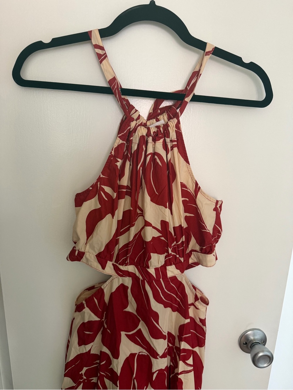 Mango Cream and Red Tropical-Printed Cut-Out Dress